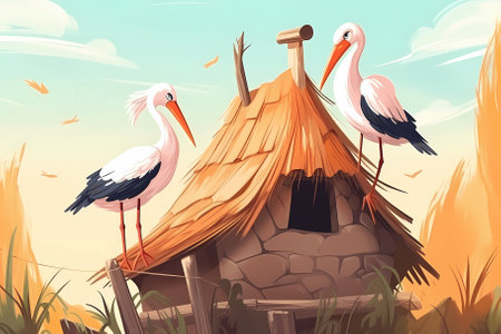 Illustration of two storks sitting on the roof of their house, spring photo. Birds have flown to warm regionsの素材