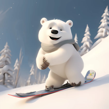 Cute, polar bear snowboarding, from a snowy mountain, cartoon illustrationの素材