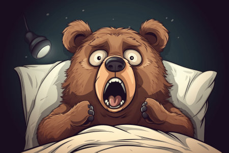 Cartoon illustration Little bear woke up in bed at night.の素材