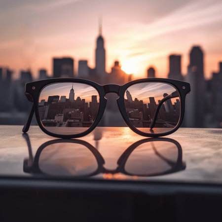Modern bright view of the city through glasses. Blurred background. Vision conceptの素材