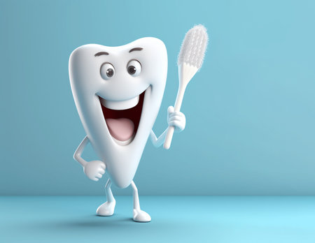 Smiling healthy tooth with toothbrush in hand on blue background, teeth cleaning, pediatric dentistry illustrationの素材