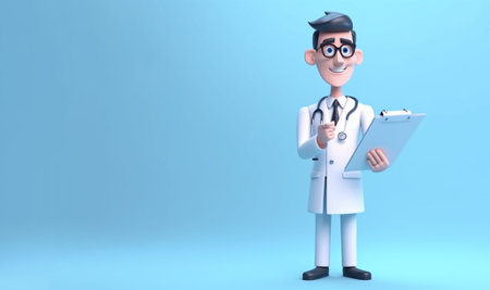 Doctor cartoon character with a stethoscope and a tablet, looking at the camera and giving advice. Clip art isolated on blue background. Professional advice and recommendationsの素材