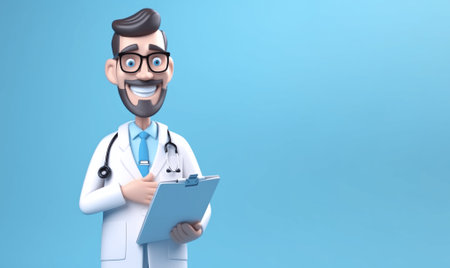 Doctor cartoon character with a stethoscope and a tablet, looking at the camera and giving advice. Clip art isolated on blue background. Professional advice and recommendationsの素材