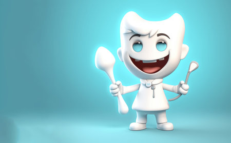 Smiling tooth fairy with toothbrush in hand on blue background, brushing teeth is fun, pediatric dentistry illustrationの素材
