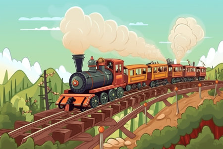 Cartoon illustration of a train on a railway. The locomotive travels among fields and flowers.の素材