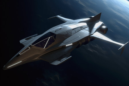 space fighter in space, 3D image of the universe with shipの素材