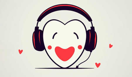 Illustration of a heart with headphones. Romantic sketch of headphones. Listen to music with love. isolated on white background.の素材