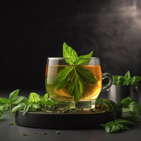 Aromatic mint drink in a glass. Peppermint tea for calm.の素材
