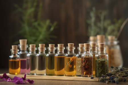 glass vials with different essential oils and fresh herbs, on a wooden tableの素材