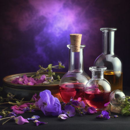 glass bottles with different, aromatic essential oils and fresh herbs, aromatherapyの素材