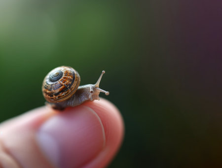 A small snail on a person's finger, a baby snail in good hands.の素材