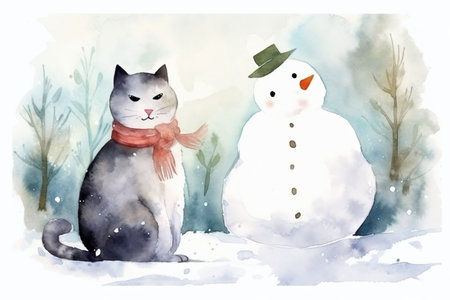 A cat in a scarf with a snowman outdoors in winter. Knitwear for cats. Winter card. Hand drawn watercolor illustration.の素材