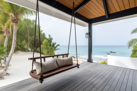 Wooden sofa swing on the terrace of a house overlooking the ocean, blue sea on a sunny dayの素材