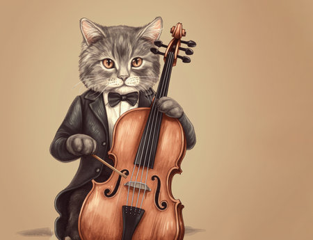 Cat plays violin engraving raster illustration. Black and white hand drawn image.の素材