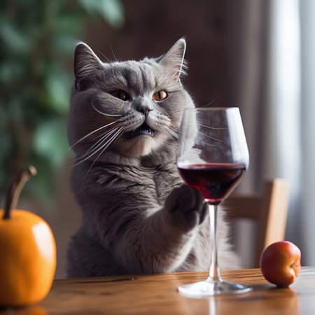 The cat stretches out its paws to a glass of red wine. Animal alcoholism, bad habitsの素材