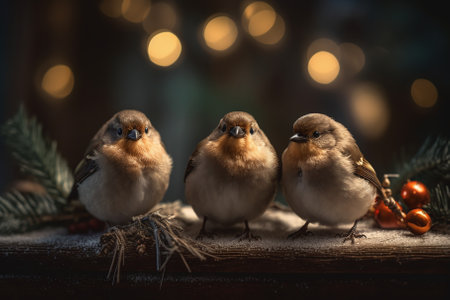 Christmas card with cute little birds sitting on wooden background with bokeh lightsの素材
