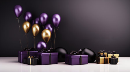 Purple and black gift boxes with balloons and confetti. 3D Renderの素材