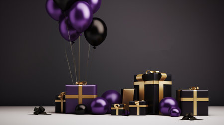 Purple balloons and gift boxes on black background. 3D renderingの素材