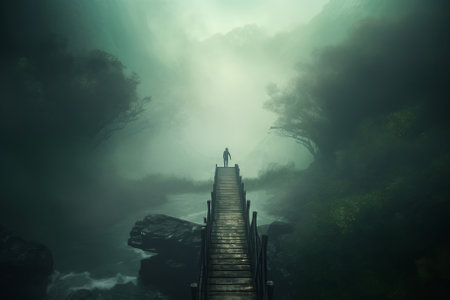 Man walking on the wooden bridge in the misty forest at foggy dayの素材