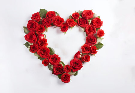 Red roses in heart shape on white background. Valentines day conceptの素材