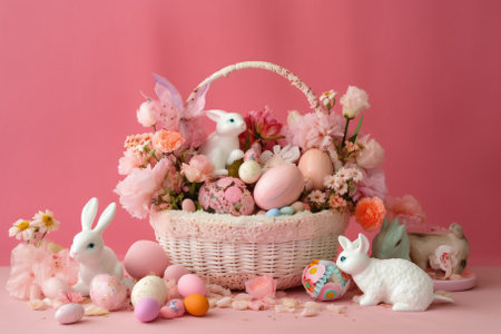 Easter basket with colorful eggs and bunnies on pink backgroundの素材