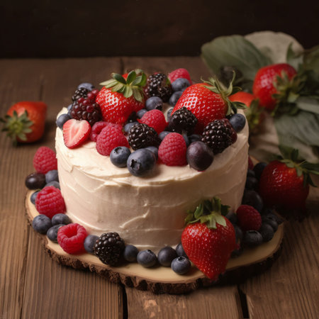 Cake with cream and berries on a wooden background. Toned.の素材