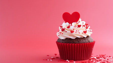 Cupcake with whipped cream and hearts isolated on a red background. Sweet surprise for your loved one for Valentine's Dayの素材