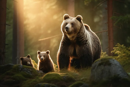 Mother bear with cubs in the forest at sunset. Wildlife sceneの素材