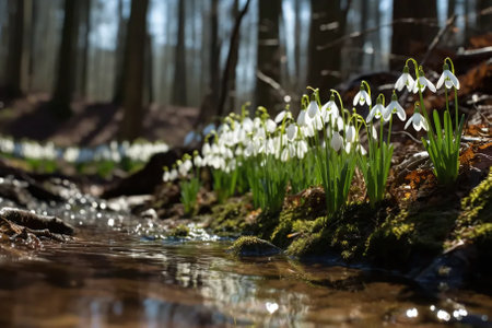snowdrops in the spring forest with water and sunbeamsの素材