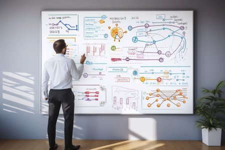 Businessman in modern interior drawing business strategy on a whiteboard.の素材