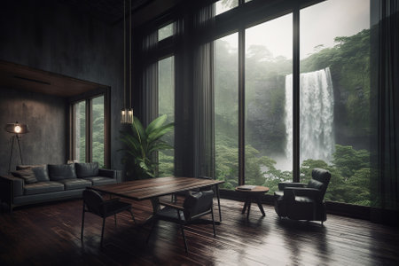 3d rendering of a modern living room interior with a waterfall viewの素材
