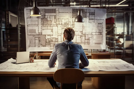 Rear view of young businessman looking at blueprint while sitting in officeの素材
