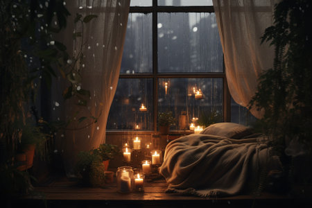 Beautiful cozy room with a big window, burning candles and a cozy blanket on the windowsillの素材