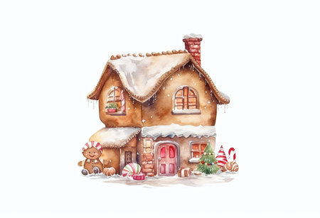 Hand drawn watercolor Christmas gingerbread house isolated on white background.の素材