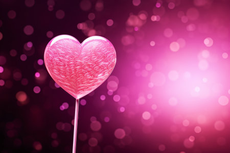 Pink heart shaped lollipop on a pink bokeh backgroundの素材