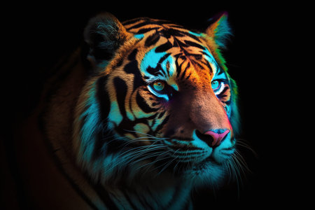Close up of a tiger on a black background. This is a computer generated and 3d rendered picture.の素材