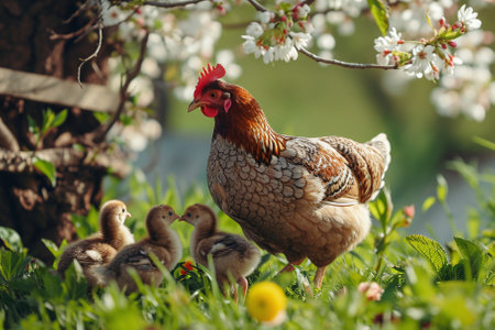 chickens and chicken on the background of spring flowering garden.の素材
