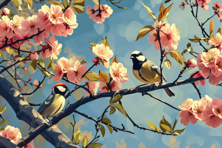 Cherry blossom and birds on branch. Spring nature background.の素材