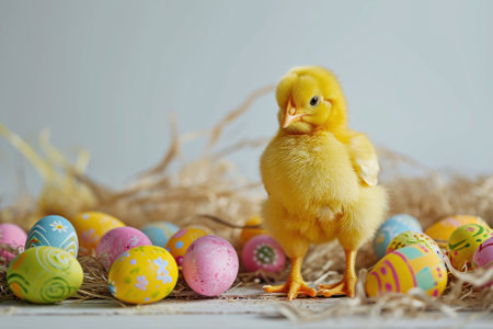 Easter composition with yellow chicken and colorful eggs on a light backgroundの素材