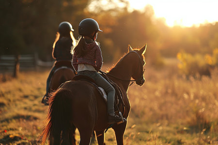Young woman riding a horse in the field at sunset, back viewの素材