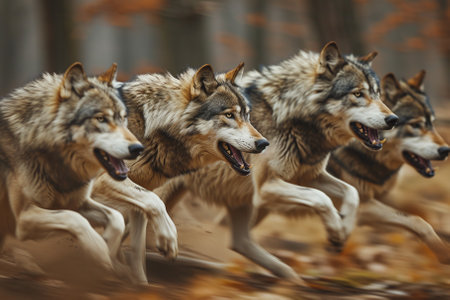 Group of wolves running in the autumn forest. Canis lupusの素材