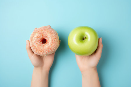Female hand holding apple and donut on blue background, top viewの素材