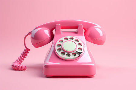 Retro pink telephone on pink background. 3d render illustration.の素材