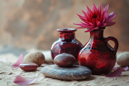 Spa still life with pink water lily flower, stones and vaseの素材