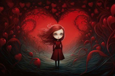 Red heart with a girl in a red dress on a dark backgroundの素材