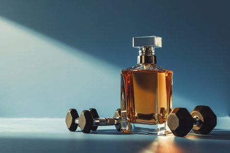 Bottle of perfume with dumbbells on blue background, closeupの素材