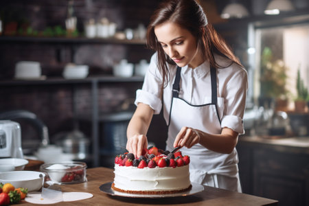 Beautiful young woman in a white apron decorates a cake with berries.の素材