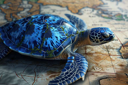 Blue sea turtle on the map of the world. 3d illustrationの素材