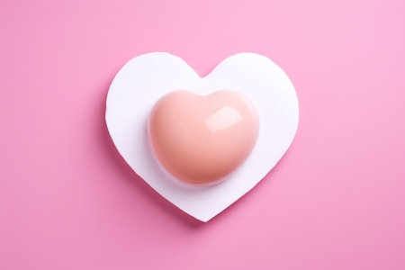 Pink heart shaped egg on white plate on pink background, top viewの素材