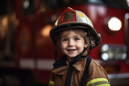 Portrait of cute little boy in firefighter uniform at fire station.の素材